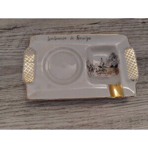 Vintage Ceramic Souvenir Dish With Gold Accents & Carriage Scene